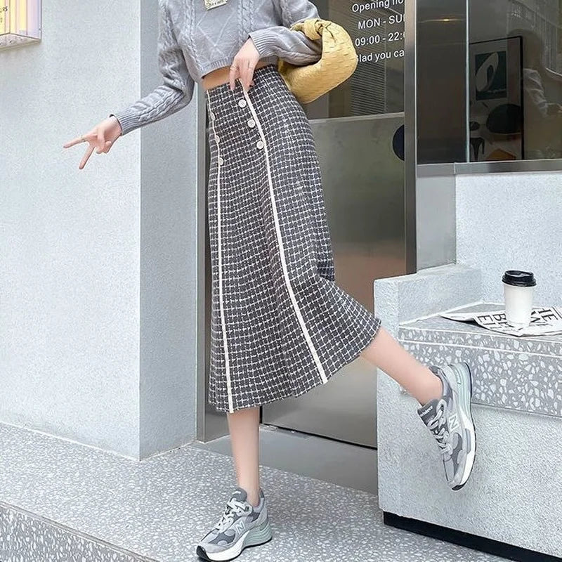 Plaid button knitted skirt women autumn and winter fashion new high waist mid-length large swing a-line skirt