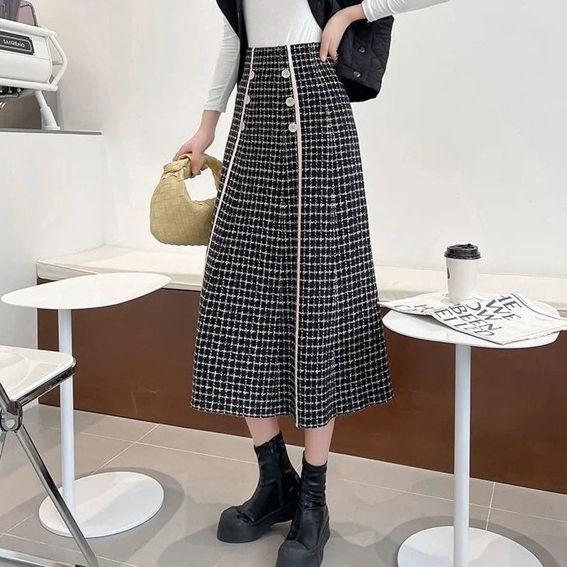 Plaid button knitted skirt women autumn and winter fashion new high waist mid-length large swing a-line skirt