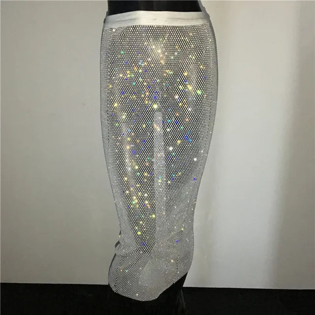 Shiny Luxury Rhinestone Sexy Women Mid Calf Skirt Elastic Solid Fishnet Plaid Hollow Out Club See Through Slim Pencil Skirts