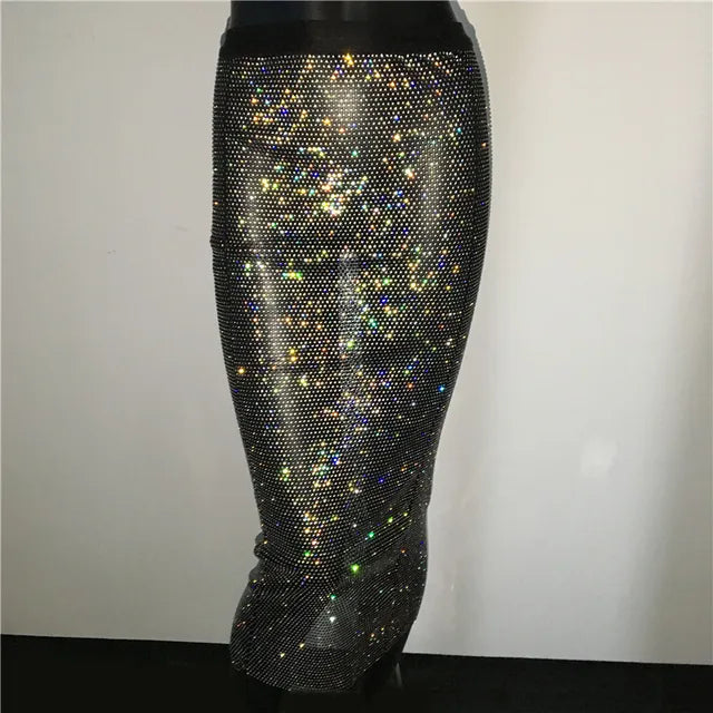 Shiny Luxury Rhinestone Sexy Women Mid Calf Skirt Elastic Solid Fishnet Plaid Hollow Out Club See Through Slim Pencil Skirts