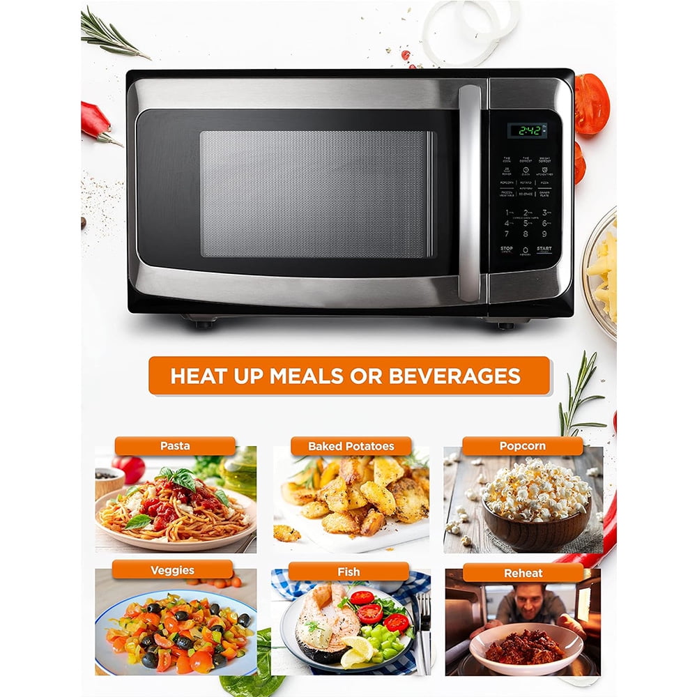 1.1 Cu.Ft Microwave Oven w/10 Power Levels & Pull Handle, Digital Display,Silver