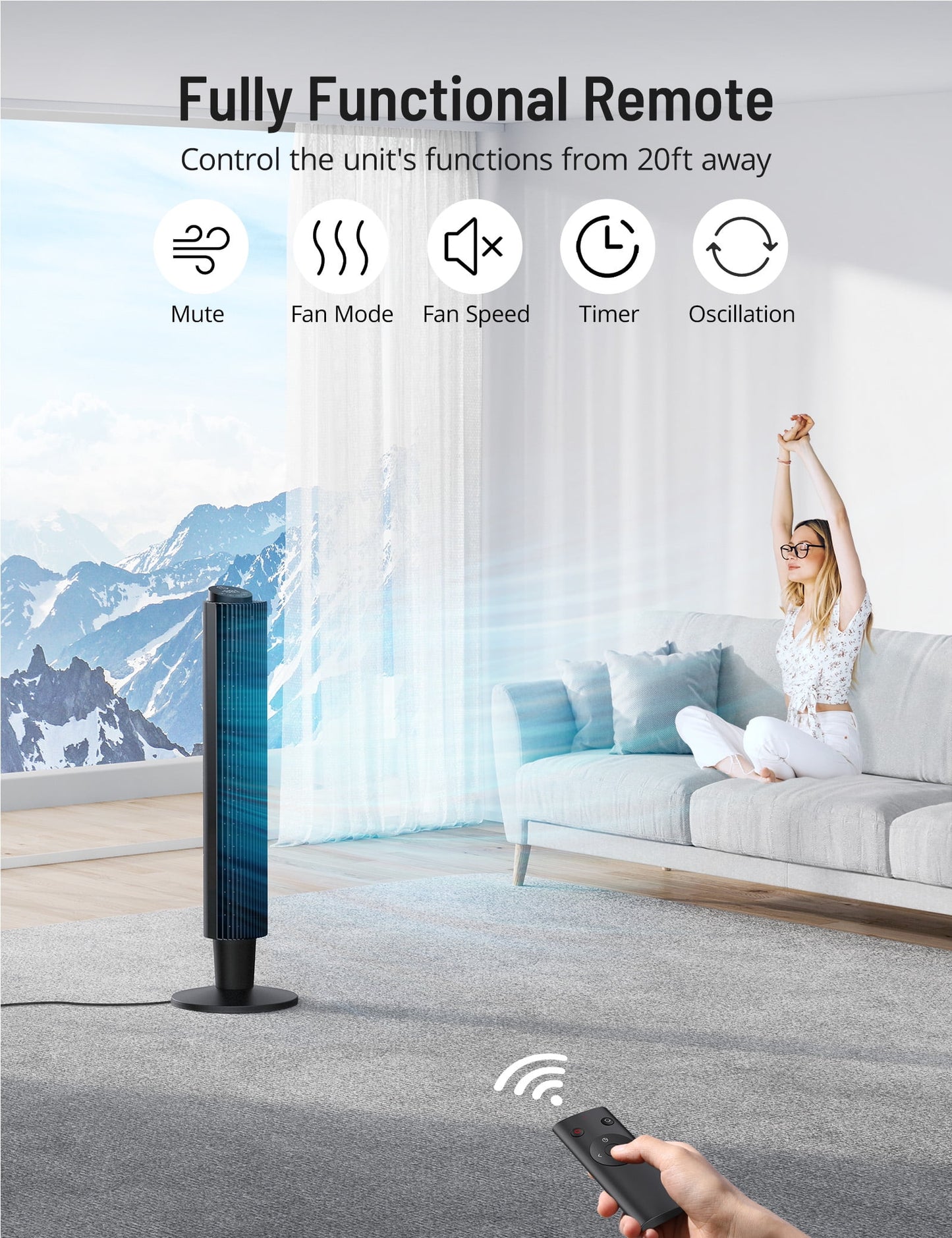 Paris Rh?ne Tower Fan, 42¡± Height Adjustable, 90¡ã Oscillating Tower Fan with 5 Fan Speeds, Sleep Mode, 12H On/Off Timer, for Home and Office