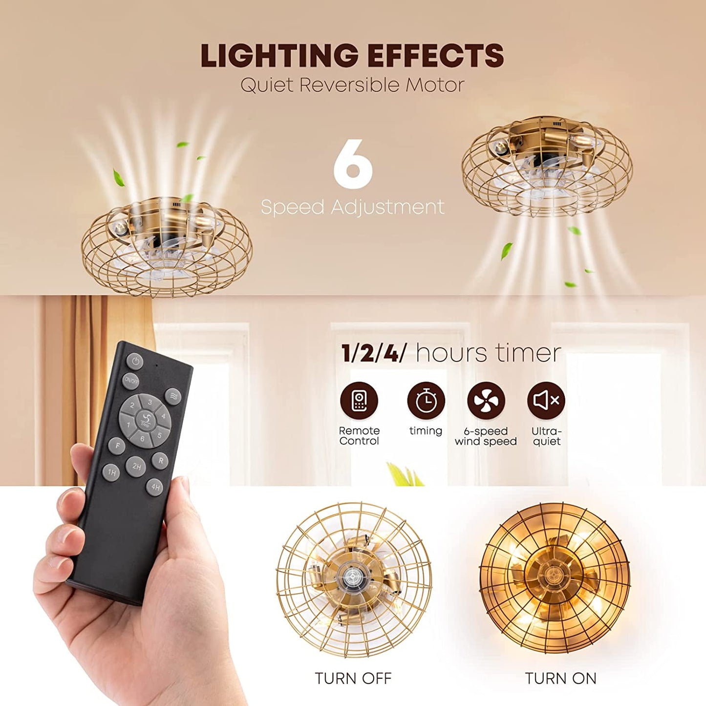 PatioGem 16' Ceiling Fan Light with Remote Control, Industrial Indoor/Outdoor Ceiling Fan Lighting, Gold Flush Mount Ceiling Fan Lights, Cage Ceiling Fan with Remote 6 Speed, Timing