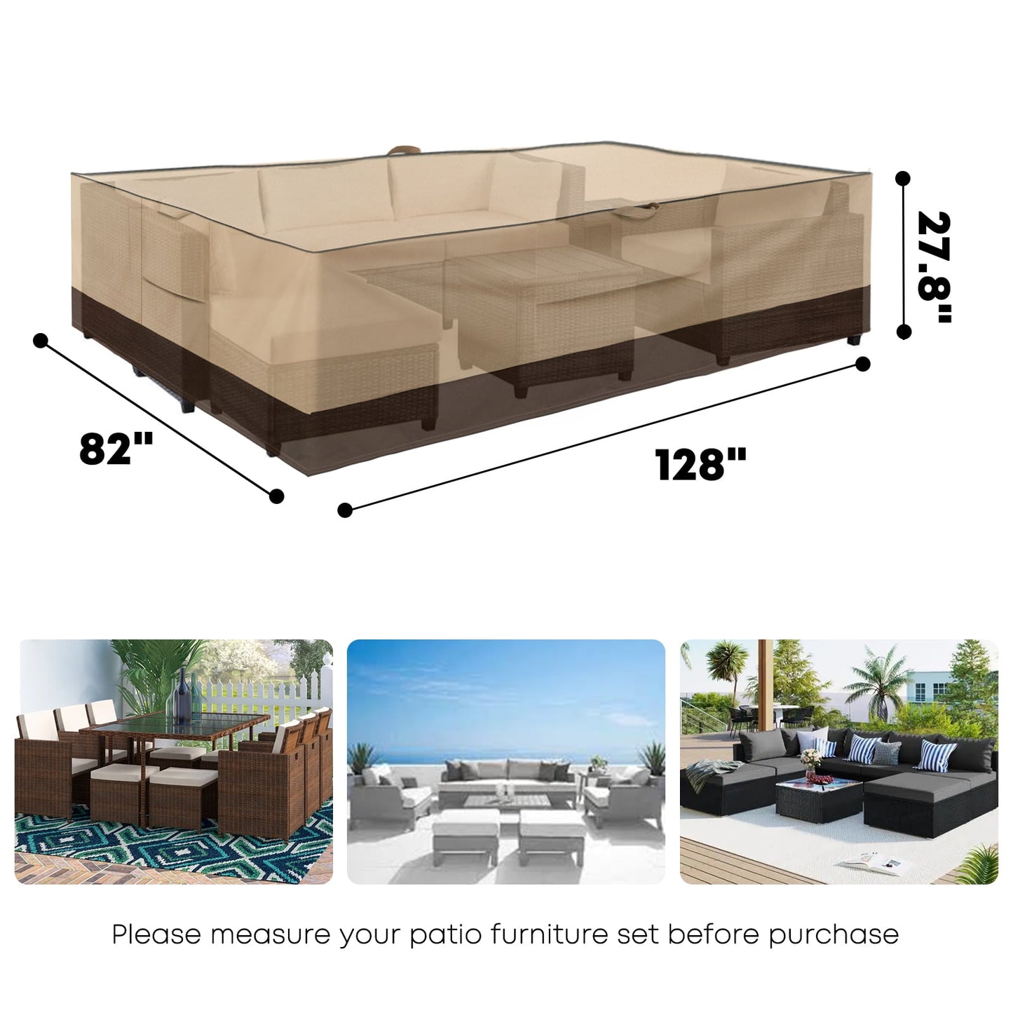 PatioGem Waterproof Patio Furniture Set Cover, Lawn Patio Furniture Cover with Padded Handles, 128'Lx82'Wx27.8'H, Patio/Outdoor Table Cover, 600D Oxford Fabric Dining Rectangular Table Chairs Cover