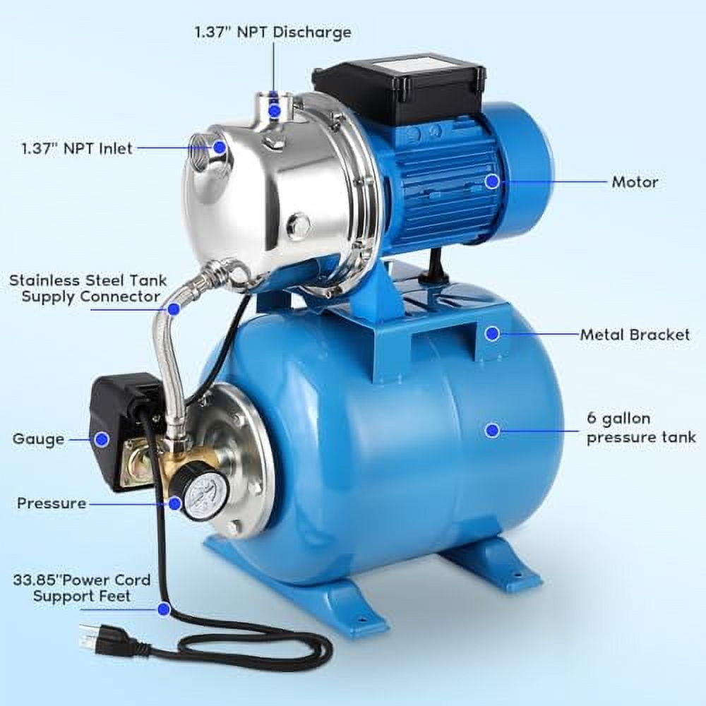 1.6HP Shallow Well Pump with 6 Gallon Pressure Tank 1340GPH Irrigation Jet Pump