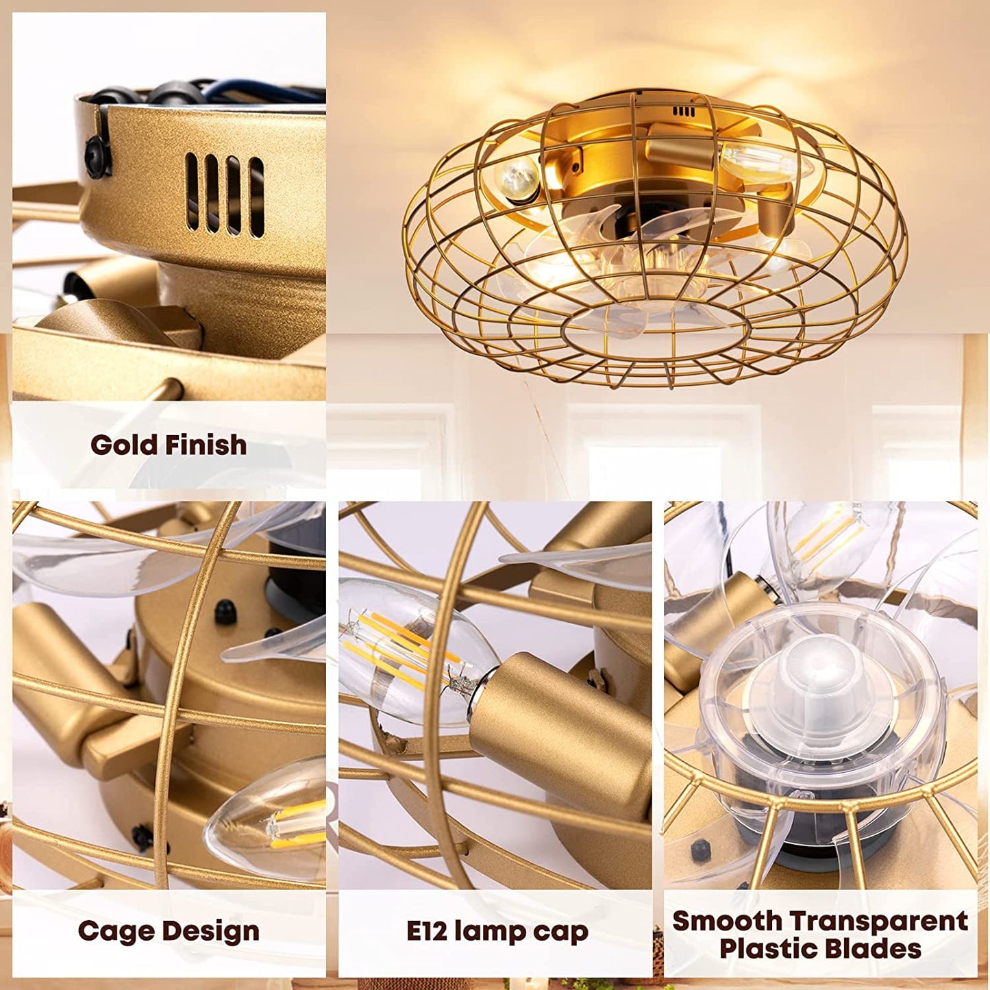 PatioGem 16' Ceiling Fan Light with Remote Control, Industrial Indoor/Outdoor Ceiling Fan Lighting, Gold Flush Mount Ceiling Fan Lights, Cage Ceiling Fan with Remote 6 Speed, Timing