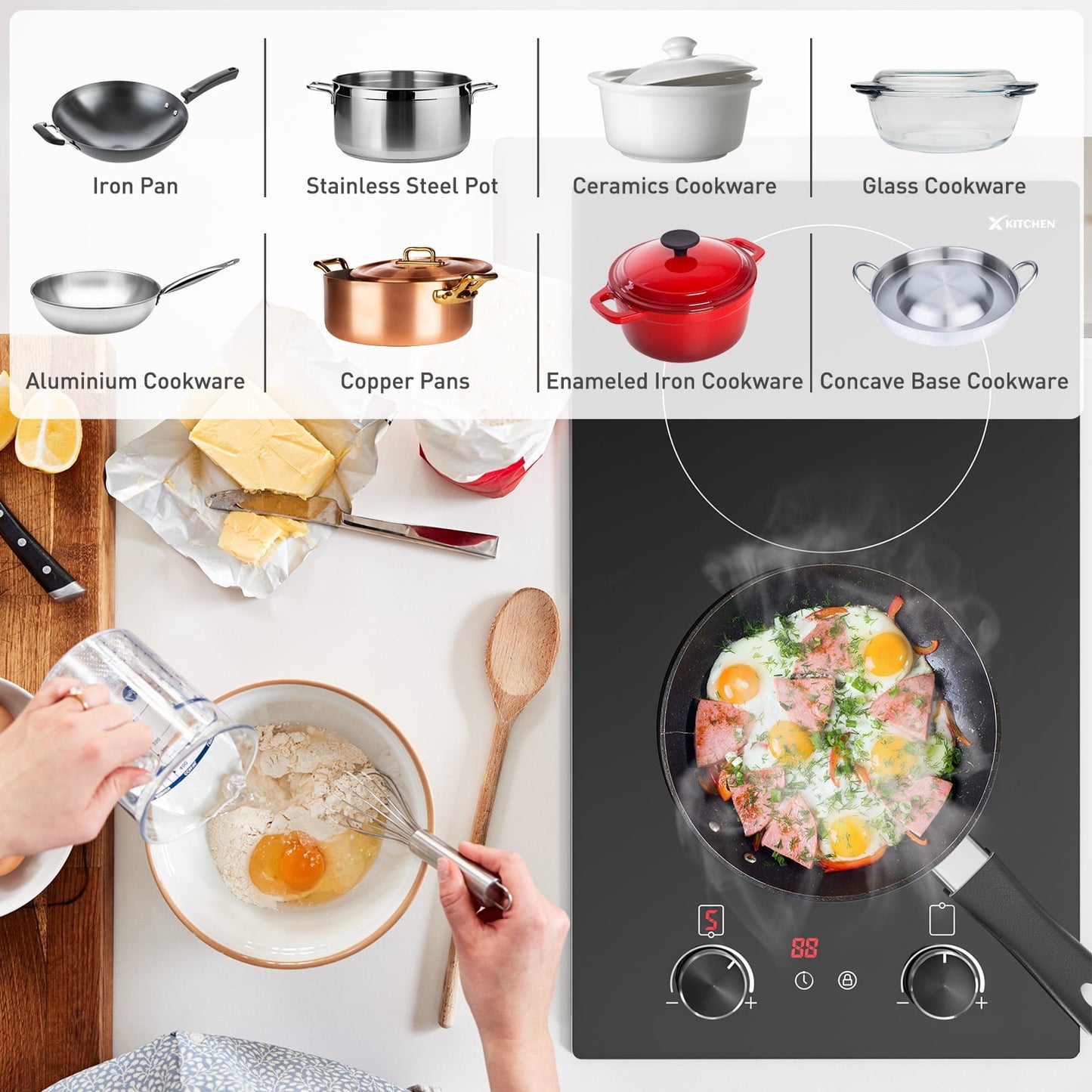 12 Inch Electric Ceramic Cooktop with Knob Control, Built-in 2400W Dual Cooker Electric Stove Tops, 2 Burners Range Top 220V, Child Safety Lock & Timer, Sensor Touch Control, 9 Power Levels