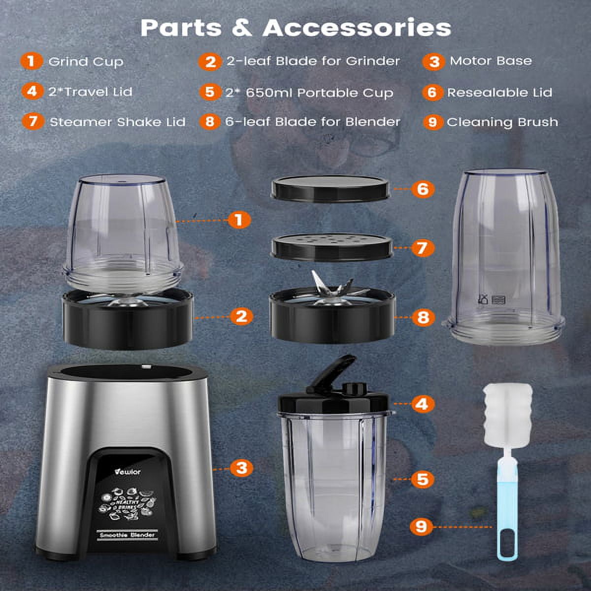 Personal Blender for Shakes and Smoothies, 11 Pieces Set Smoothie Blender for Kitchen, Ice-Crushing Power Portable Mixer. Large Capacity Pitcher, 2*23oz+10oz. Travel Sports Bottles, Coffee Grinder