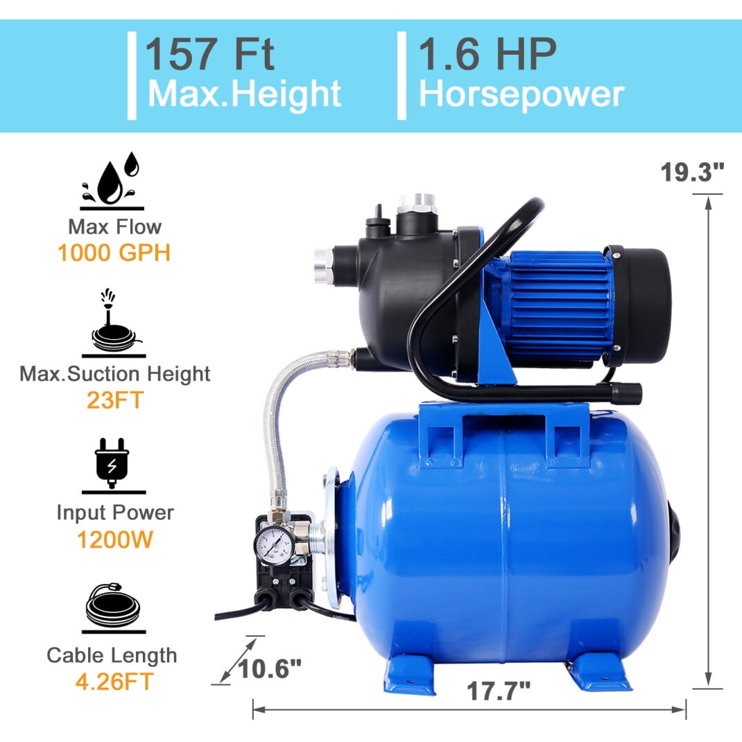 1.6HP Shallow Well Pump with Pressure Tank, Garden Water Pump, Irrigation Pump with Automatic Jet Pump and Stainless Steel Head, Electric Water Pressure Booster Pump for Home Garden (Blue)