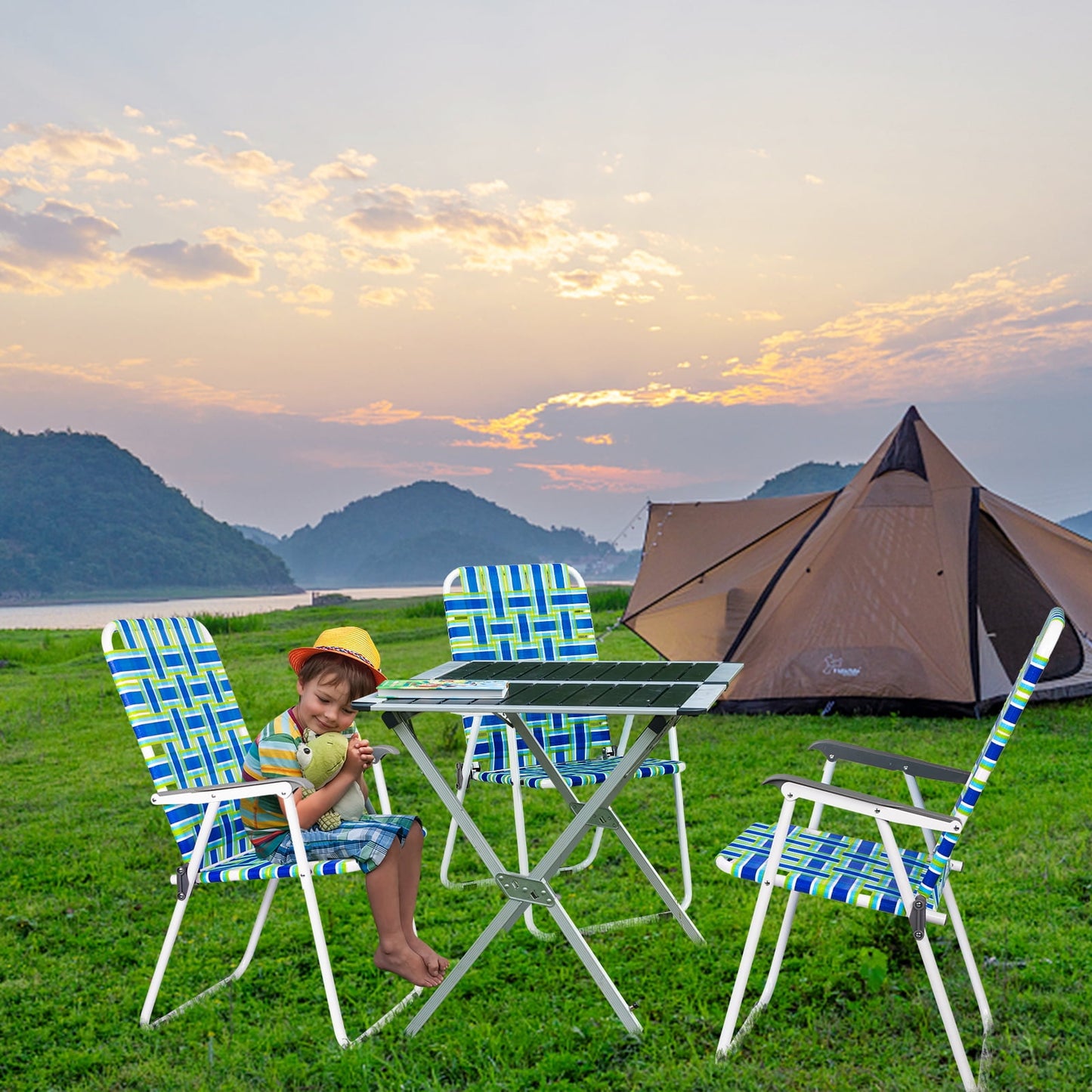 Patio Lawn Chairs Folding Set Of 2, Webbed Folding Chair Outdoor Beach Chair Portable Camping Chair For Yard, Garden(Blue)