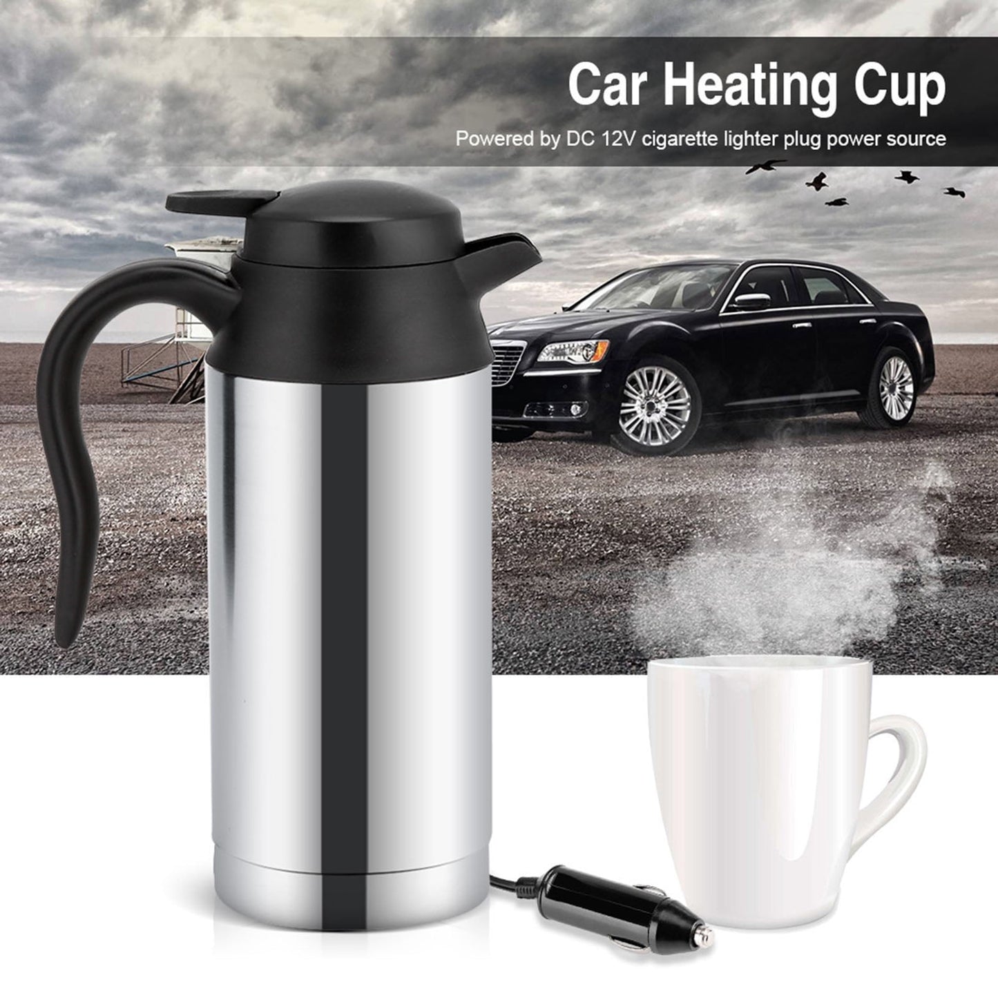 u003cpu003eu003cbu003e12V 750ml Stainless Steel Electric Car Kettle Heating Cup Coffee Mug Travel Water Bottleu003c/bu003e u003c/pu003e