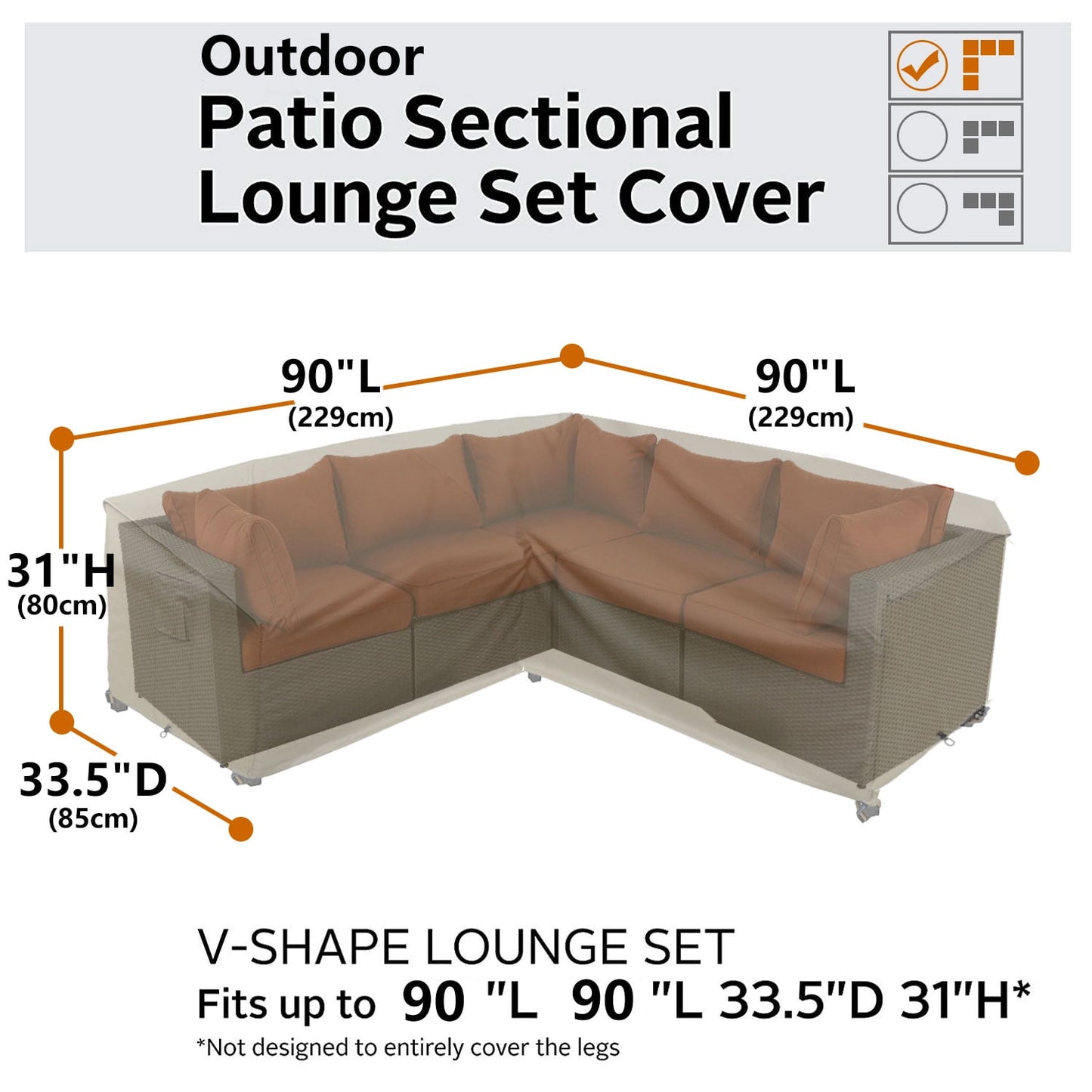 Patio Furniture Cover,Heavy Duty Outdoor Couch Cover, Waterproof 600D Patio Sectional Cover, V-Shaped L-Shape Lawn Outdoor Furniture Cover (Natural Beige,V-Shaped-90 x90)