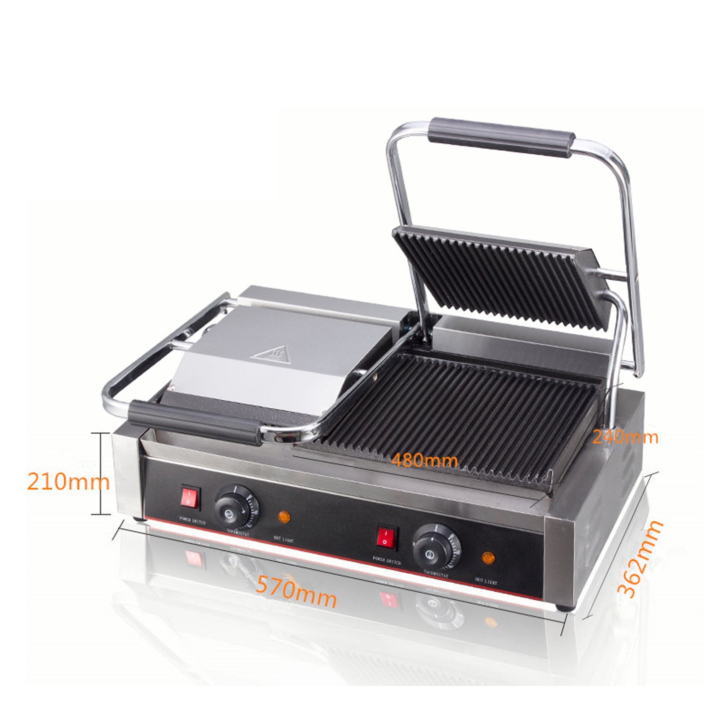 110V Commercial Panini Press with Grooved Grill Sandwich Maker 3600W Machine Electric Gill, Dual Grooved Top