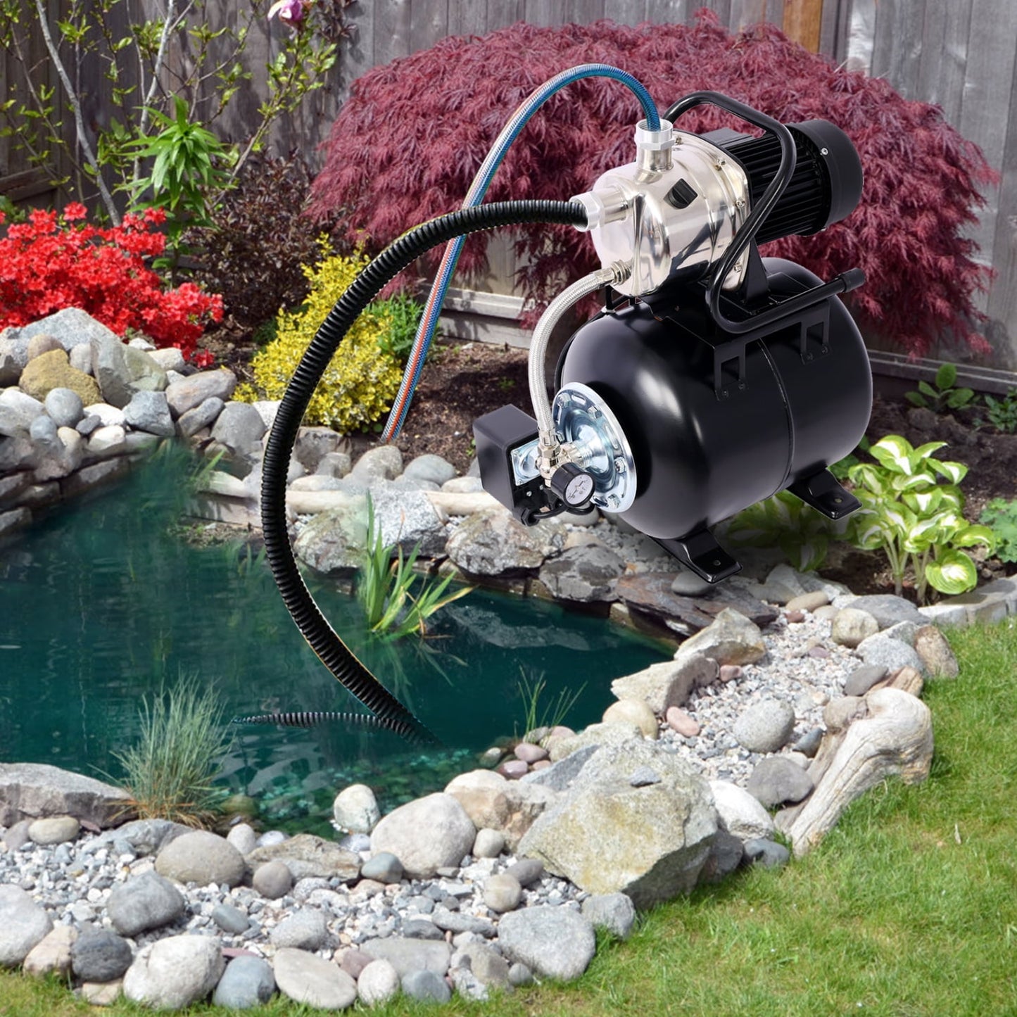 1.6HP Shallow Well Pump, Garden Water Pump with Pressure Tank, Irrigation Pump Automatic Water Booster Pump with Stainless Steel Head for Home Garden Lawn Farm, Blue