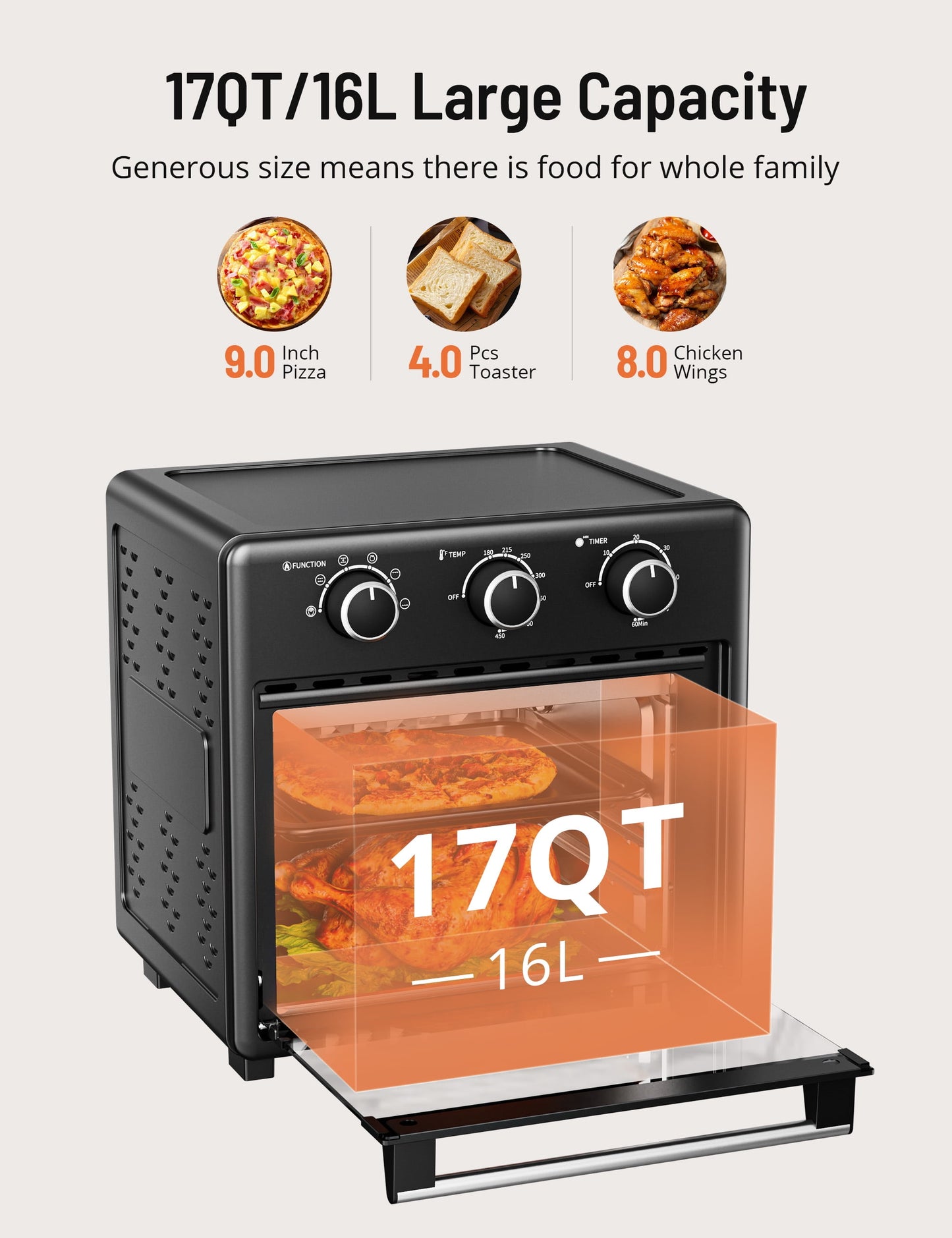 Paris Rhone 17 QT Air Fryer Toaster Oven with Viewing Window,11-in-1 Large Convection oven,Black................