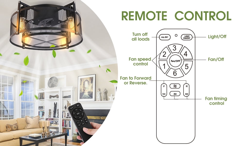 Energetic 16' Industrial Style Caged Ceiling Fan with Lights and Remote Control, 6 Speeds Reversible DC Motor, ETL Listed