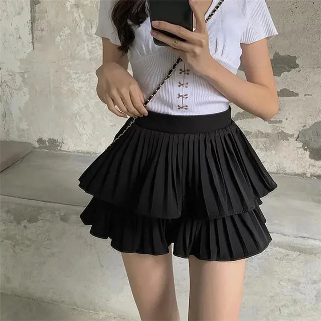 summer women&#39;s high waist double pleated skirt sexy girl cake culottes black white