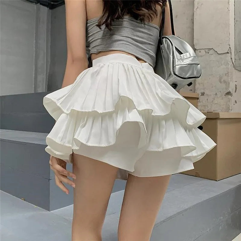 summer women&#39;s high waist double pleated skirt sexy girl cake culottes black white