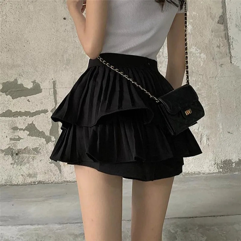 summer women&#39;s high waist double pleated skirt sexy girl cake culottes black white